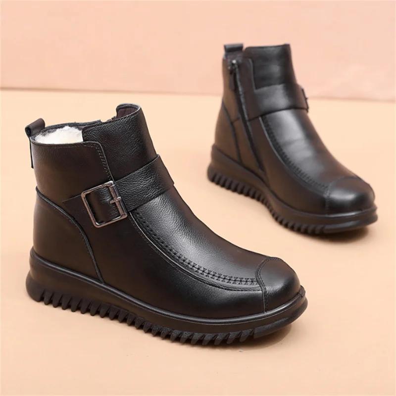 Comfortable Warm Women Boots 2024 Winter Thick Wool Lined Genuine Leather Women Snow Boots Large Size Women Winter Shoes