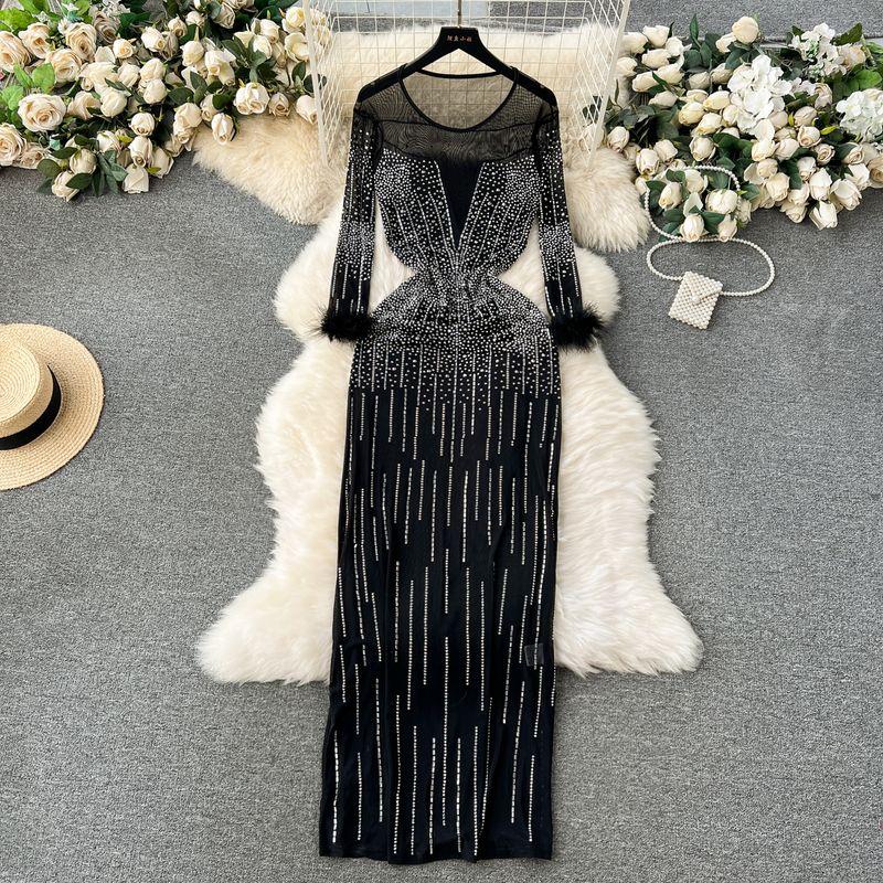 

Accessible Luxury Hot Drilling Terry Silm Long Mesh Dress Black One size