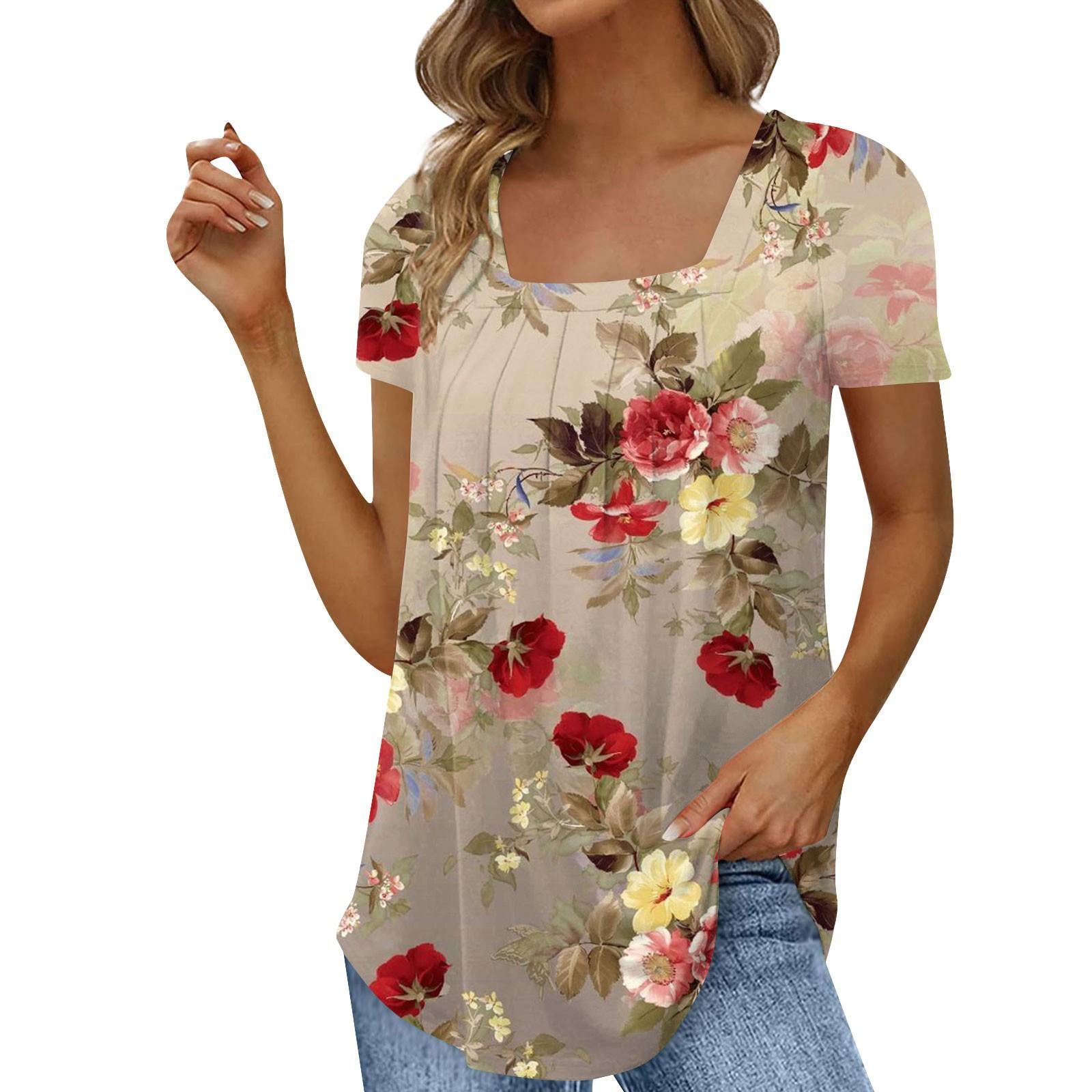 

Женская мода Повседневная футболка с коротким рукавом с квадратным вырезом и цветочным принтом Топ XXXL жёлтый