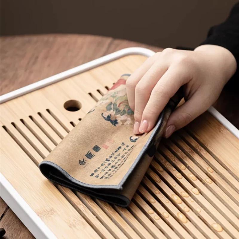 1pc Chinese Thickened Tea Towel Plush Imitation Deerskin Absorbent Water Rag Lotus Pattern Tea Napkins Cloth Teaware Accessories