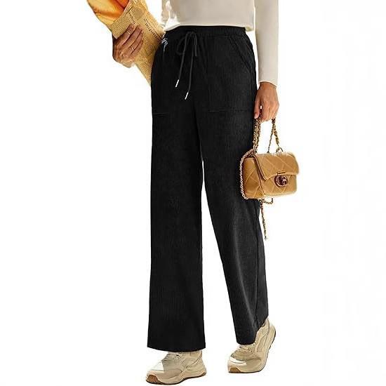 

2026 Spring Elastic High Waist Lace-Up Corduroy Pants, Wide-Leg, with Pockets, Casual Long Trousers. Medium