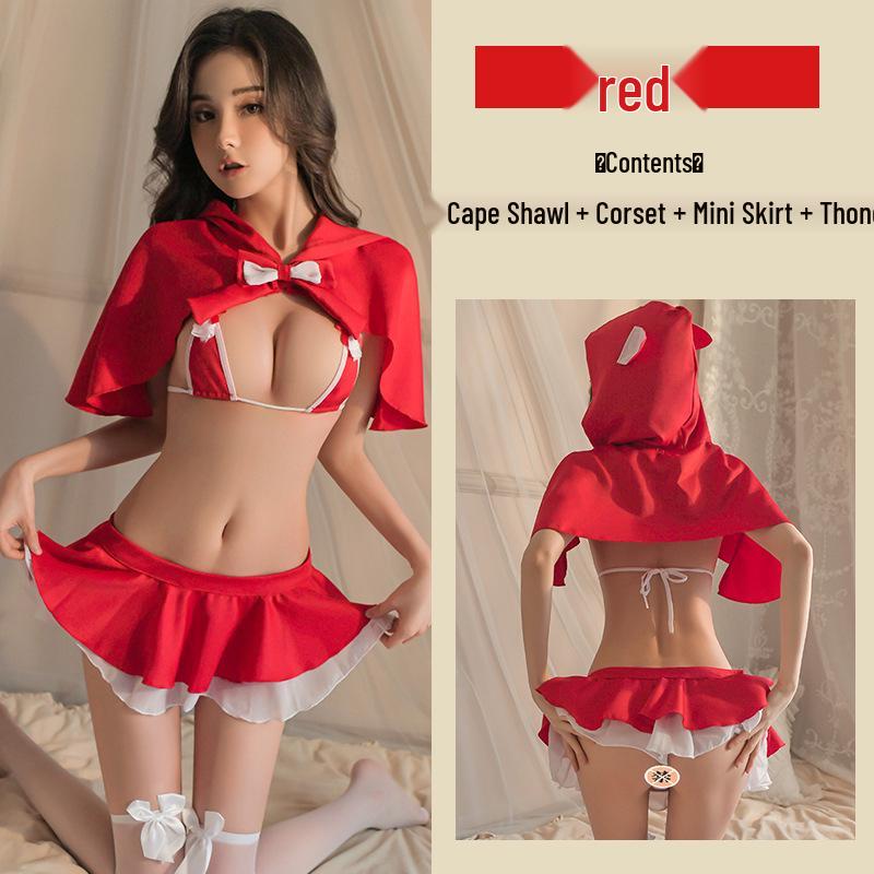 Sexy Three-Point Christmas Lingerie Kit: Women's Temptation Nightgown & Short Skirt Halloween Set