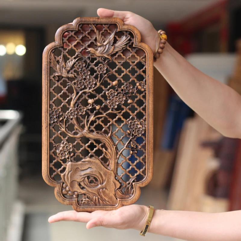 Chinese Traditional Artware Wooden Carving Wall Hanging Piece Background Wall, Solid Wood Hollow Carving Plum, Bamboo Decor