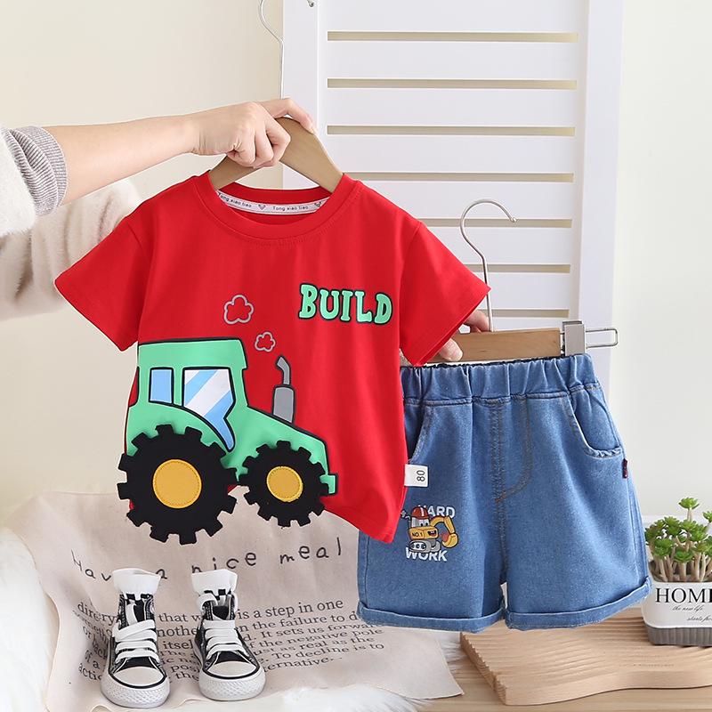 Boys' Summer 2025 Cartoon Tractor Short Sleeve & Shorts Set