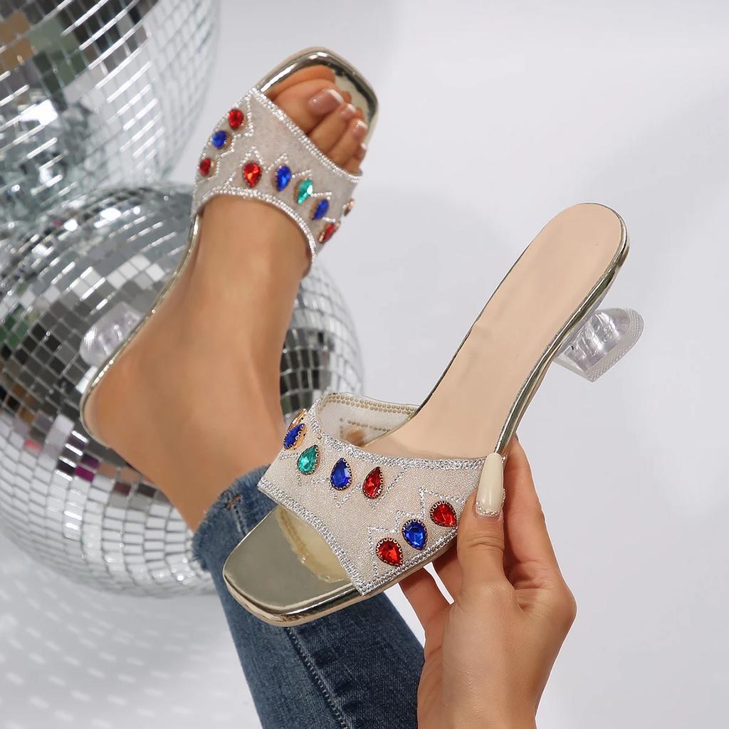 Fashion Women Sandals 2025 New Sexy Square Toe Sandals Fashion Mixed Color Shoes Women Gem Diamonds Transparent High Heels Slippers