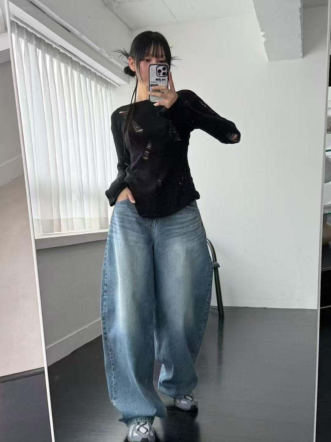 Fansi Yu Unisex Textured Loose Wide-Leg Jeans - Light Luxury Striped Fabric for Autumn/Winter Blue