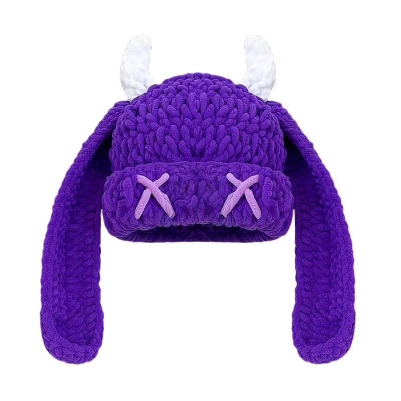 Handmade Crochet Cap with Devil Horn Long Ears Stretchy Pullover Hat Winter Warmth Hat Halloween Cosplay Head Accessory