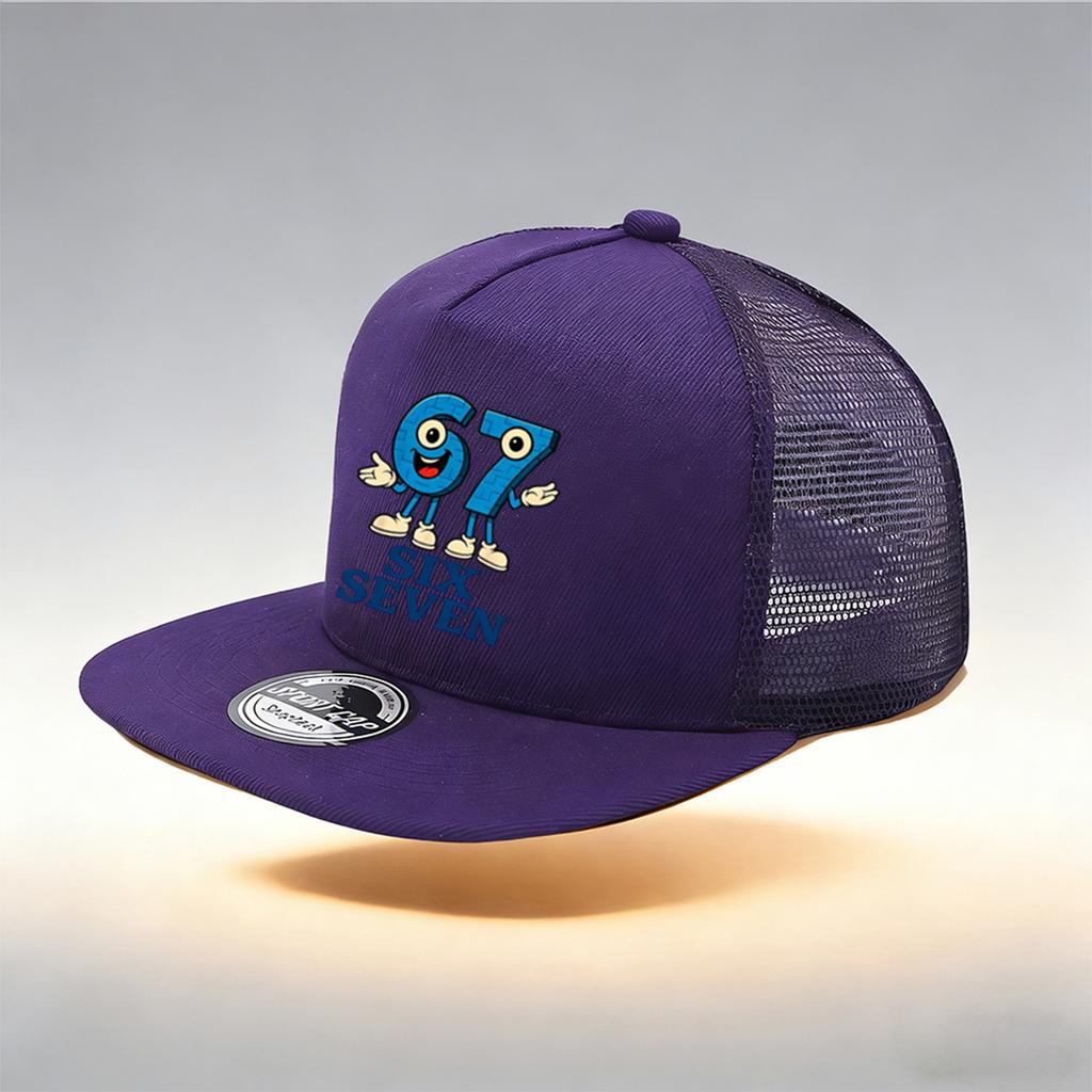 1/2PC Y2K 67 Flat Brim Trucker Hat, Cartoon SIX SEVEN Print, Breathable Mesh, Sweet Aesthetic Cap