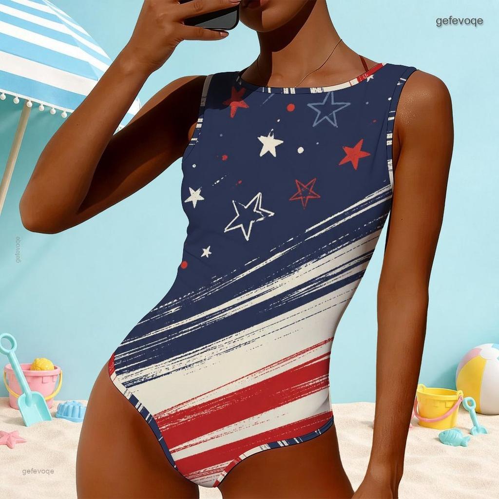 Women Plus Size High Round Neck Sleeveless One Piece Star Moon Printed Swimsuit