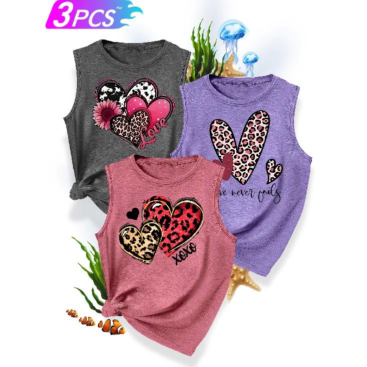 3Matching Sister Outfit Set with Heart Print, Fashionable, Simple, Fresh, Casual Sporty Style for Spring and Autumn, Round Neck Tank Top, Available
