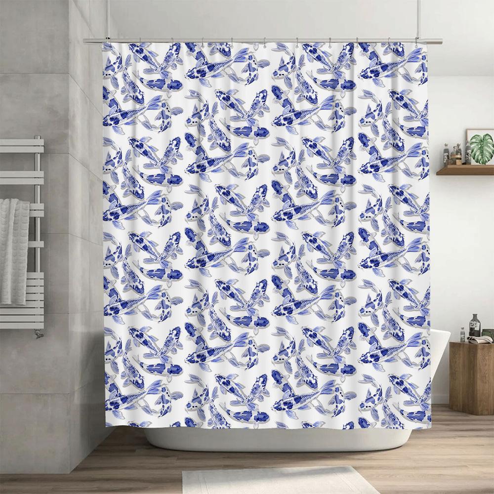 Watercolor Blue Fish Print Shower Curtain for Bathroom Decoration Floral Pattern Waterproof Fabric with Hooks.