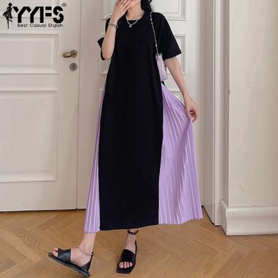 Women's Fashion Summer Spring Colour Block Print Short Sleeve O-Neck Loose Waistline Casual Dresses