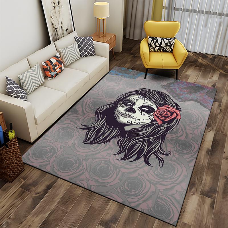 Day of the Dead Girl with Rose Motif Non-slip rug suitable for living room and bedroom sofas.