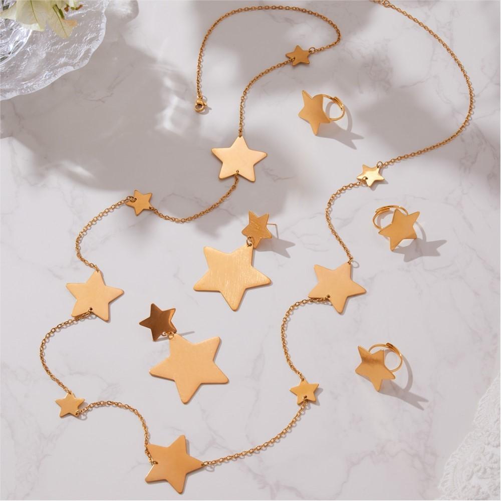 Stainless Steel Star Necklaces Earrings Rings for Women 18k Gold Plated Sweater Chain Long Necklace Earring Ring Jewelry Set