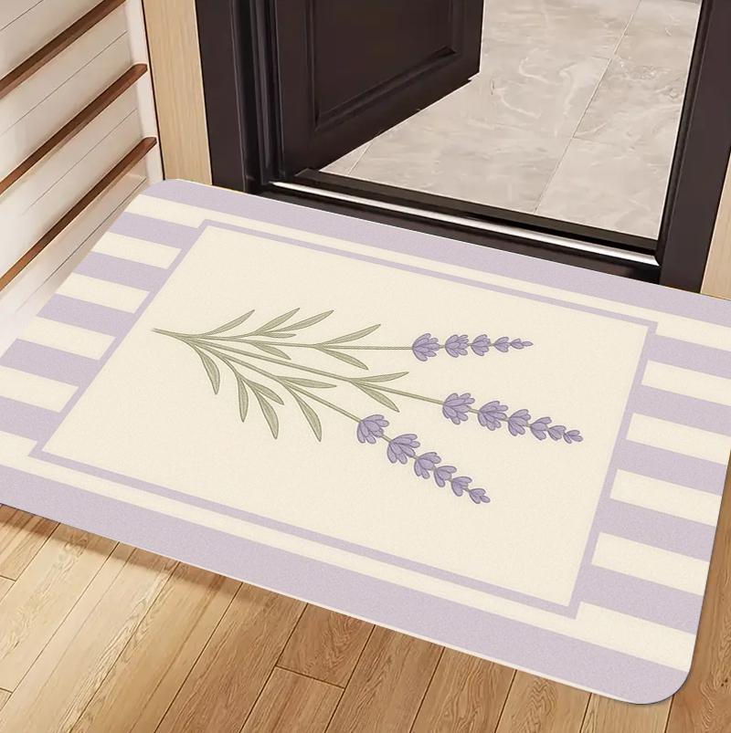 

Pastoral Purple Floral Gingham Door Mat Cute Lavender Floral Plaid Print Non-Slip Entryway Rug Sweet Boho Bow Themed Floor Mat 40x60cm