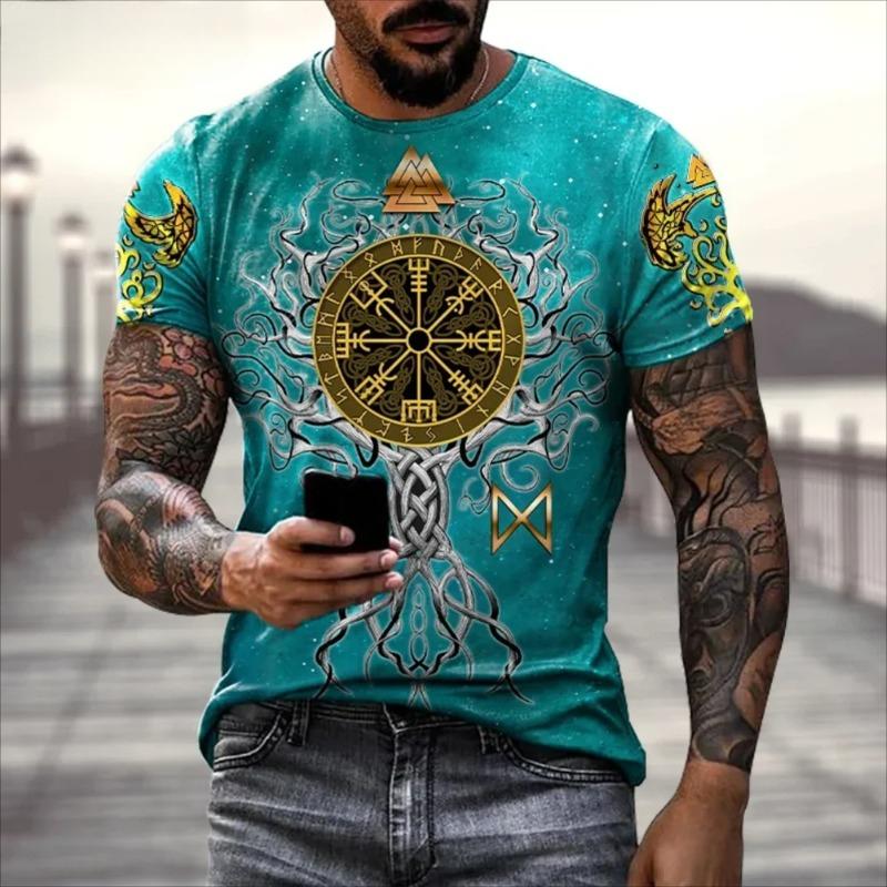 Europe and the United States Selling Viking Tattoo Art T-shirt Men's 3D Printed Round Neck T-shirt Summer Casual Sports Short Sl