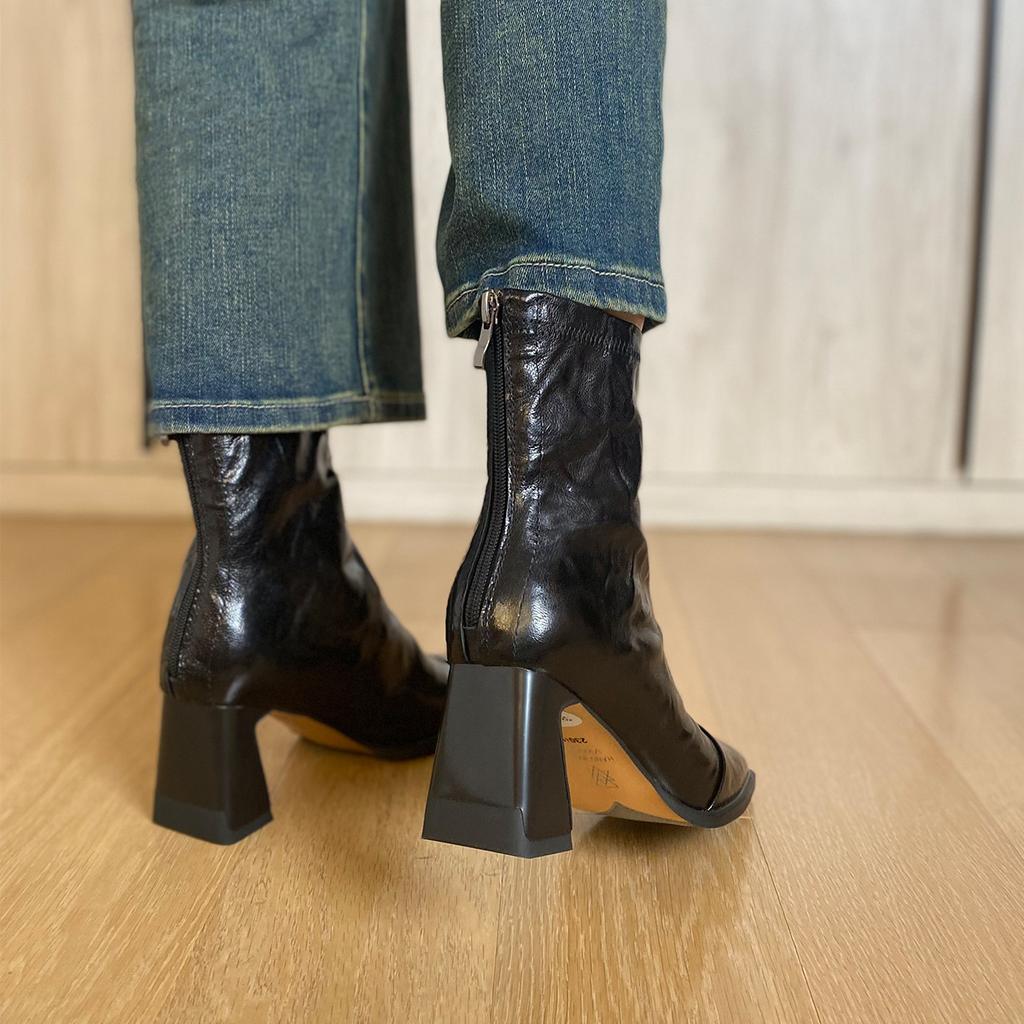 Whole Sheepskin~ Temperament Thin Boots High Heel 7CM Short Boots Women's Thick Heel 2025 New French Retro Square Head Black Boots