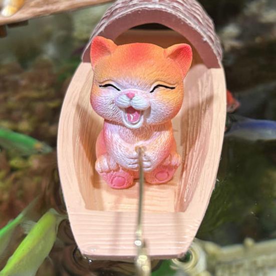 Floating Fishing Cat Figurine Black Awning Boat Cartoon Cat Statue Resin Sculpture Fish Tanks Aquarium Micro Landscaping Decoration Ornament