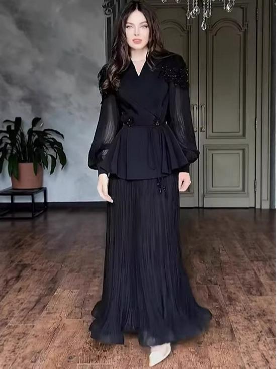 Robe de soirée élégante à col en V plissée Automne/Hiver 2026: Design Européen Long et Élégant