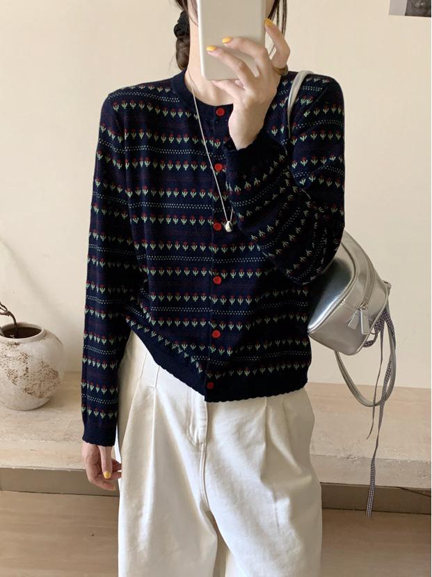 

Кардиган из жаккардового трикотажа премиум-класса с цветными блоками - Женская осенняя мода, универсальный повседневный топ Medium темно-синий