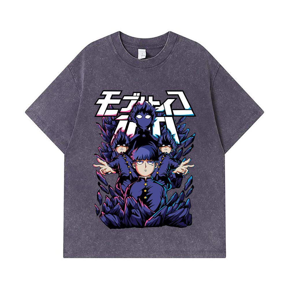 275 GSM Washed T-shirts 100% Cotton Mob Psycho 100 V1 Shiego Print Unisex Heavy Cotton T Shirt
