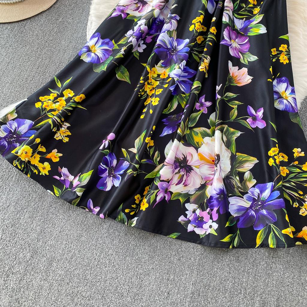 Summer Women Sleeveless V-Neck Midi Long Dress Floral Print High Waist A‑Line Swing Casual Holiday Party Dress