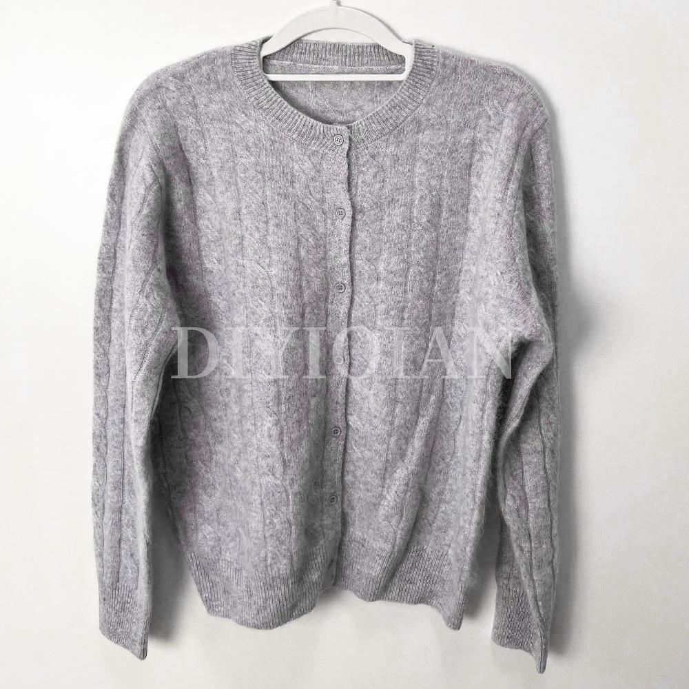 

DIYIQIAN Shiny Wool Autumn/Winter Crew Neck Cable Knit Cardigan Sweater One Size серый
