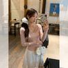Pink lace U-neck bow long-sleeved t-shirt women's early autumn new inner bottoming shirt slim and thin knitted top
