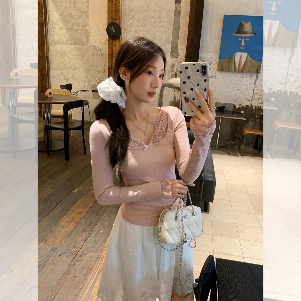 Pink lace U-neck bow long-sleeved t-shirt women's early autumn new inner bottoming shirt slim and thin knitted top