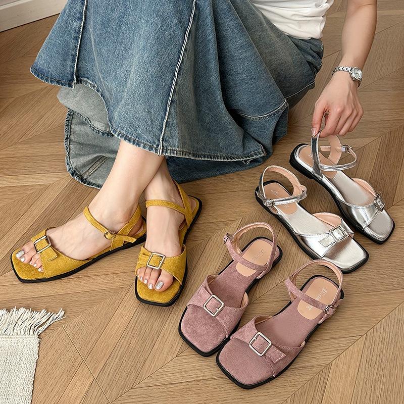 Summer slippers retro one-word belt buckle open-toed square head women's flat sandals low heels