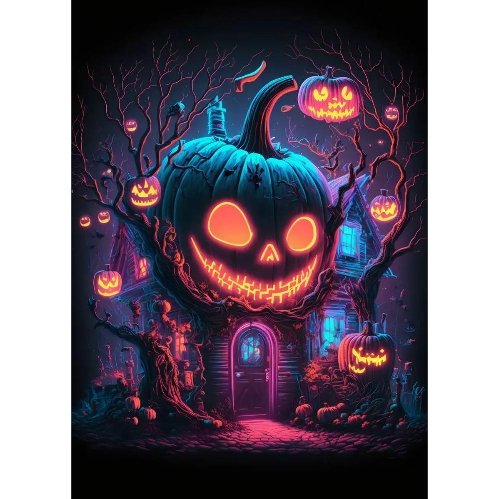 A Classic Vintage Wall Art Pumpkin Black Cat Ghost Painter Halloween Night, Printed Poster, Home Living Room Bedroom Decoration