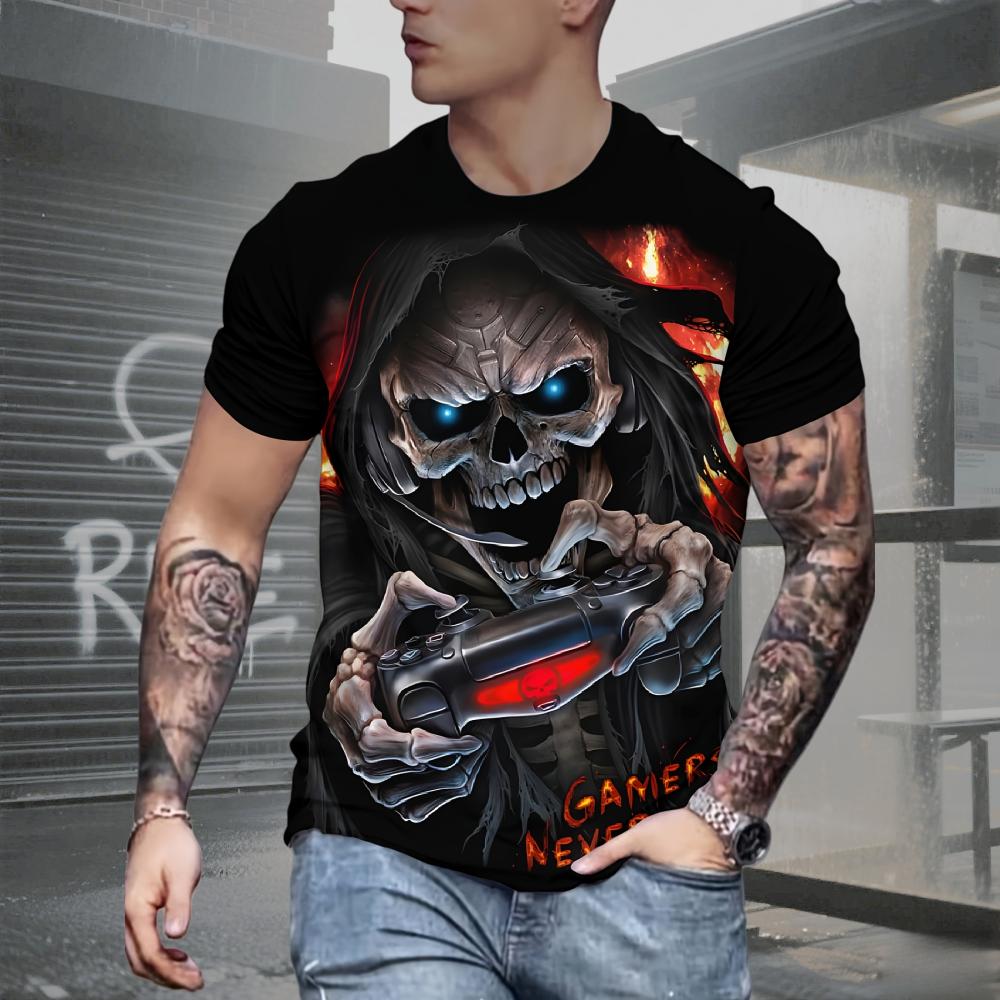 Summer Fashion Men's Skull Printed T-Shirts Breathable Short Sleeve Tee Crew O-Neck Men's Clothing Vintage Comfort Y2k Women's Clothes