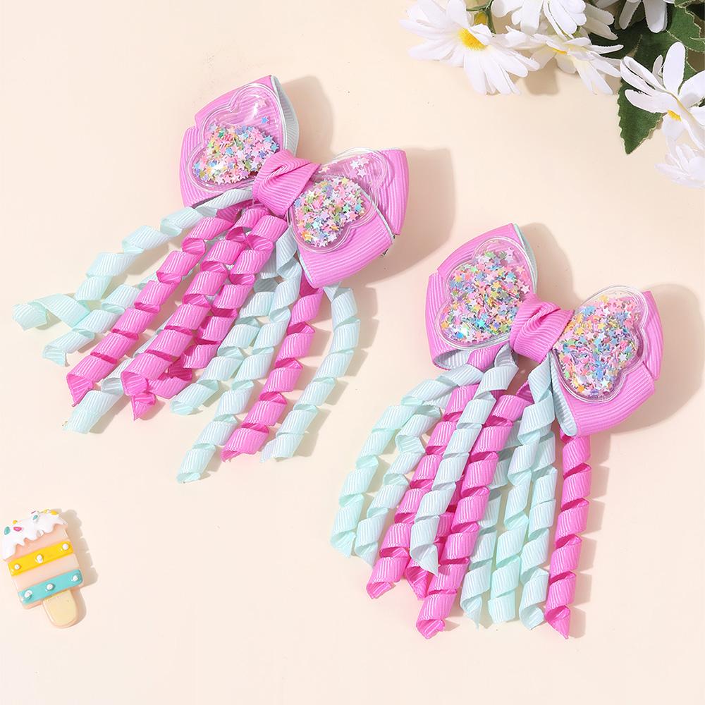 2Pcs Ribbon-Tassel Hair Clips Popular Sweet Rainbow Curly Ribbon Double Ponytail Hairpin Baby Girl Hair Accessories For Children