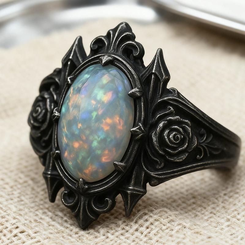 New Croxin Rose Ring Ancient Silver Inlaid Opal Ring no. 6