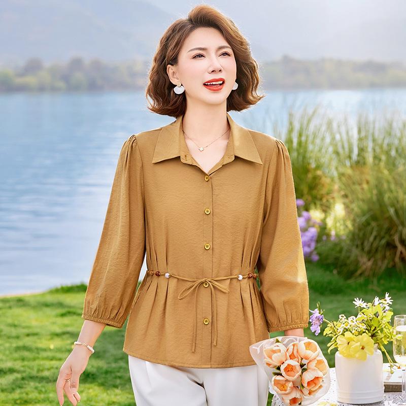 

Chic Waist-Cinching Summer Shirt for Women: New Arrival, Tummy-Concealing, Slimming, Perfect for Middle-Aged and Elderly Moms XL for 90-109 jin жёлтый