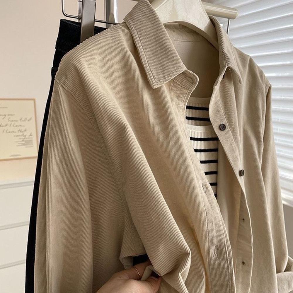 Korean Style Retro Corduroy Shirt: Women's Versatile Long Sleeve Spring/Autumn Layering Top