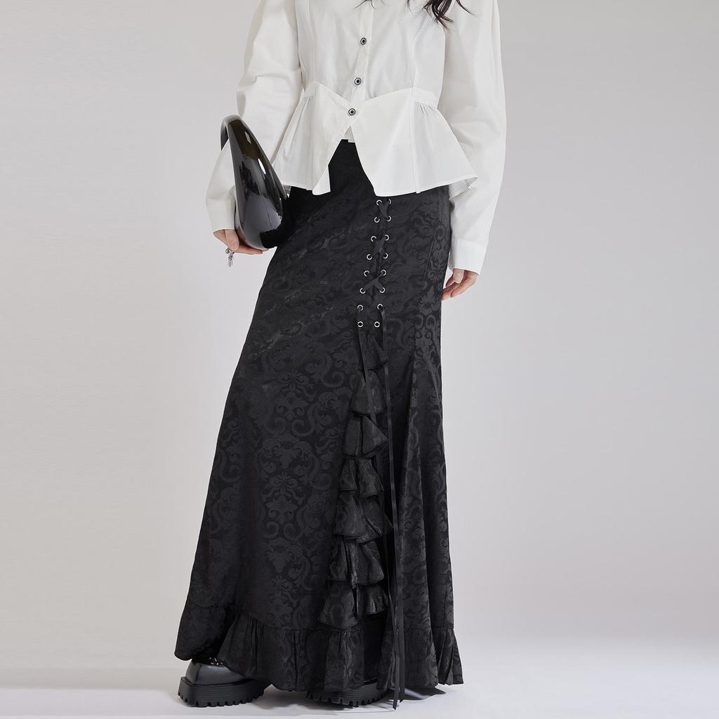 2025 Gothic Victorian Jacquard Fishtail Skirt with Lace-Up Detail