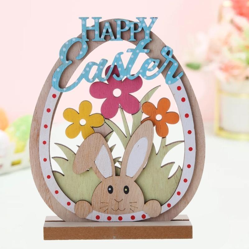 92MF Easter Wooden Ornament 2025 Painted Flower Rabbit Happy Easter Party Decoration