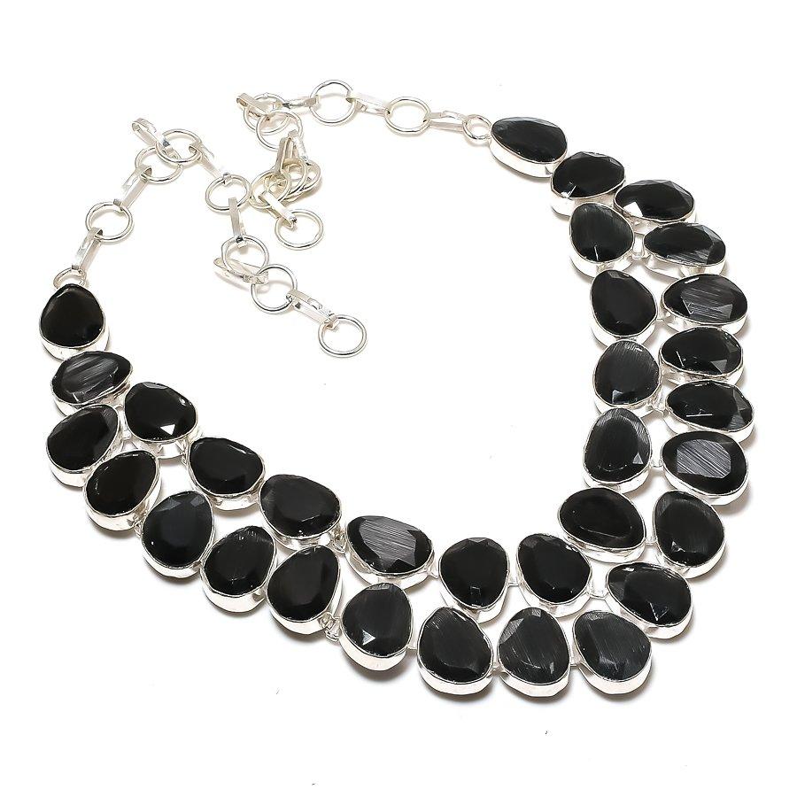Natural Black Spinel Gemstone 925 Sterling Silver Jewelry Necklace 18" AN-2216