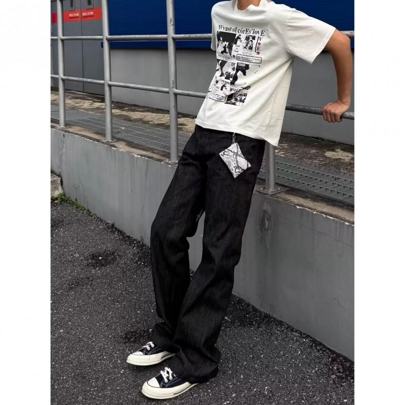 Jeans in Denim da Uomo Neri a Pieghe Svasati Vita Media Vestibilità Slim Streetwear Autunno