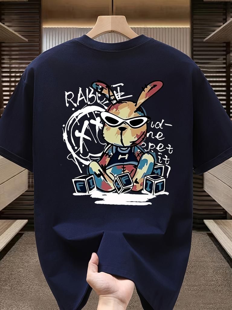 Men's summer 100% pure cotton fashionable casual loose black rabbit cartoon pattern printed round neck short sleeved T-shirt top