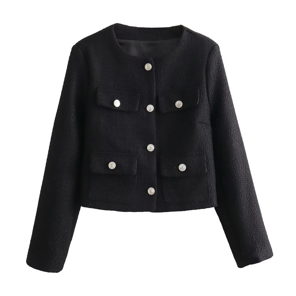 European and American style, new women's clothing textured shoulder padded round neck long-sleeved small fragrant jacket 1202416