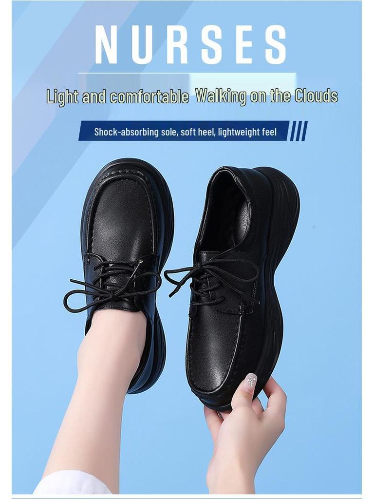 Women's Genuine Leather Lace-up Nurse Shoes - Soft Sole, Non-slip, Breathable, and Comfortable for Hospital Work