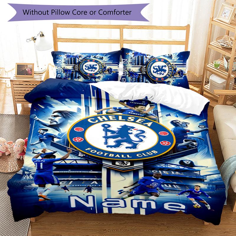 3pcs Custom Name Chelsea F.C Bedding Set Duvet Cover Closure Includes 1 Duvet Cover & 2 Pillowcases for All Seasons Bedroom Decor