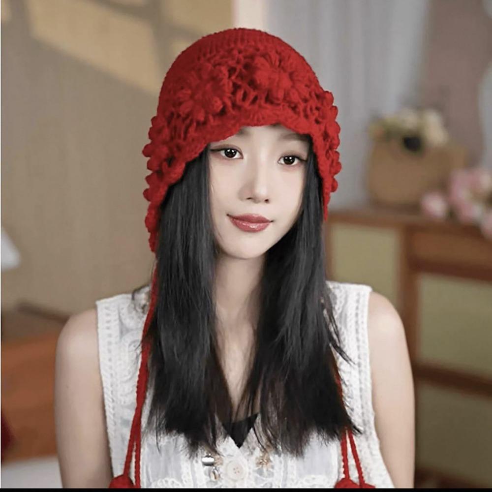 Ladies' Hats New Hand-Knitted Floral Braid Knit Hat for Women Retro Warm and Stylish Fringe Hat Trendy