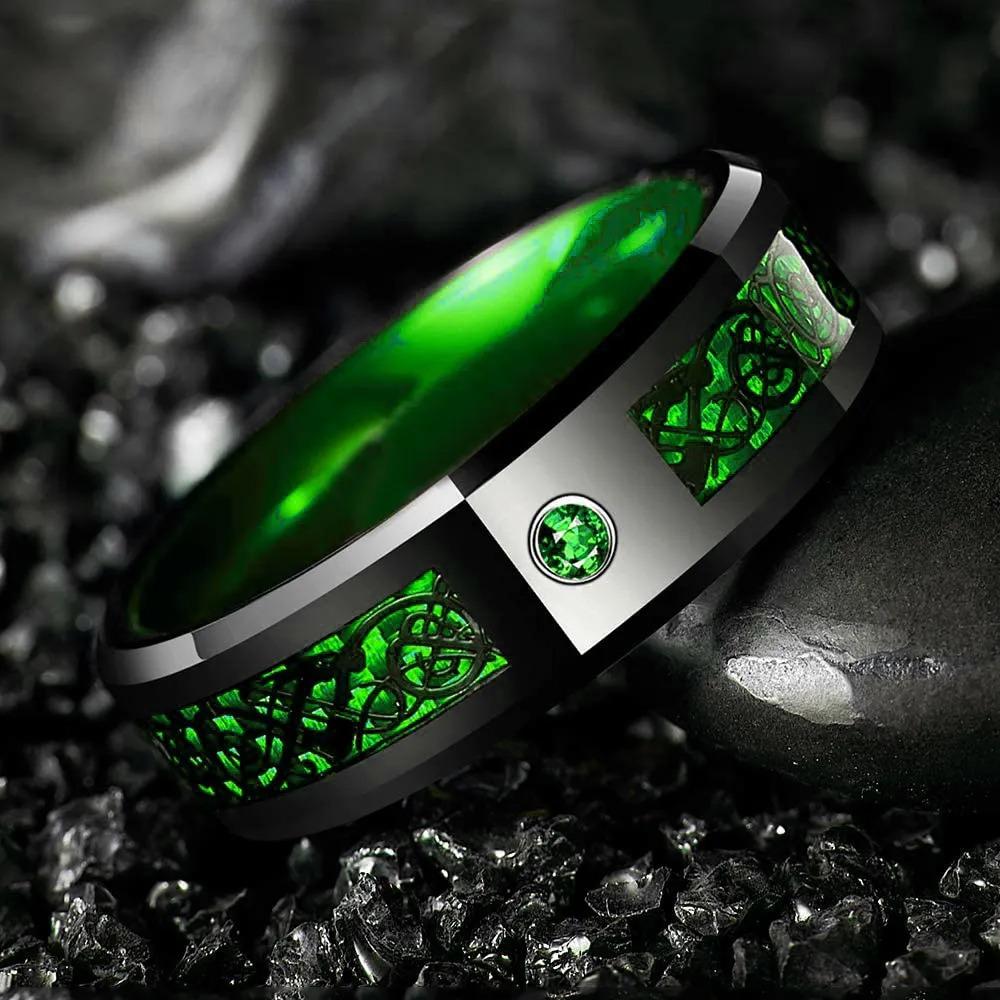 Fashion 8mm Celtic Men Stainless Steel Ring Inlaid Red Blue Zircon Stone Dragon Rings For Men, Carbon Fibre Rings Wedding Band