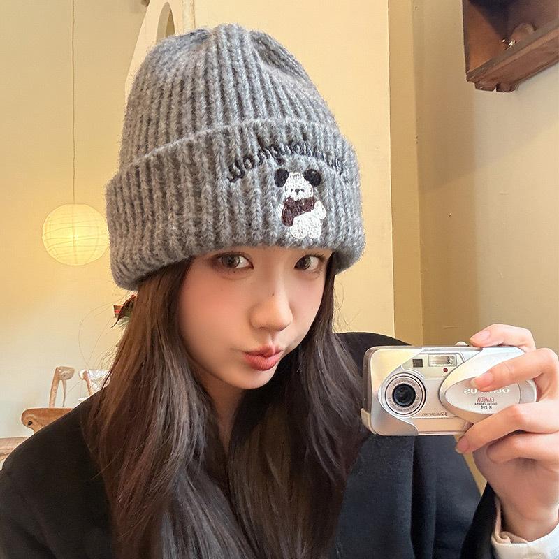 Cute Bear Blue Knitted Hat for Women In Autumn and Winter To Keep Warm and Versatile Ear Protection Woolen Hat Showing Face Small Baotou Cold Hat