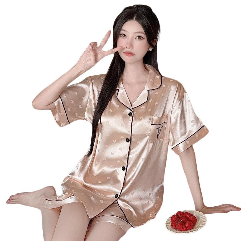 Ins Wind Letter V Design Sense Love Jacquard Short Sleeve Ice Silk Pajamas Women'S Summer Loungewear Set