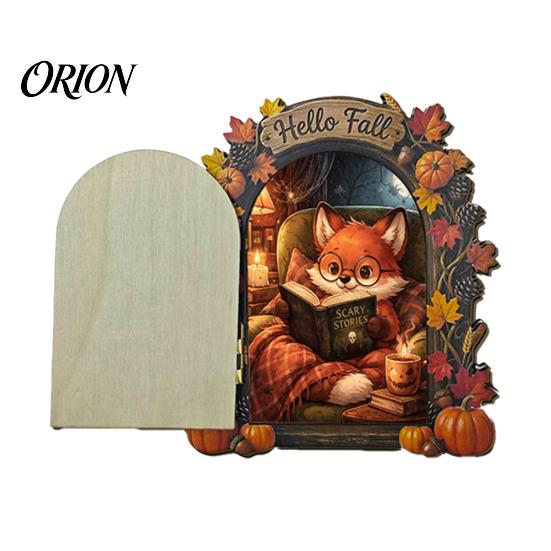 Autumn Theme Fairy Tale Ornaments Elf Wooden Door Halloween Decor, 2D Mouse Miniature Wall Waterproof Fall Home Decorations Hanging, Rustic
