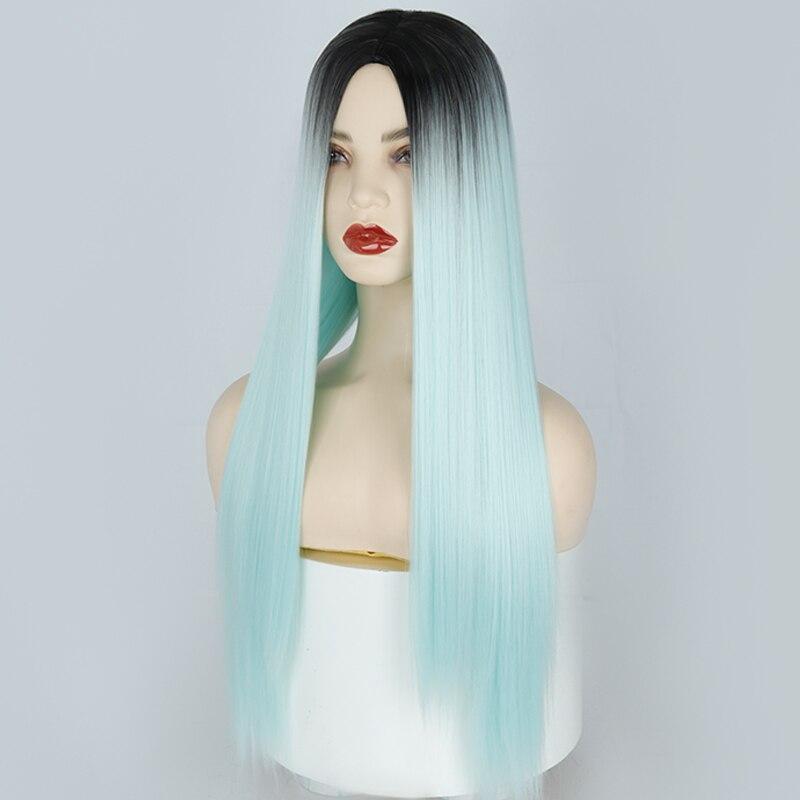 LISI HAIR Czarna zielona Ombre peruka z długimi prostymi włosami bez grzywki dla kobiet 24-calowe syntetyczne peruki z włókna termoodpornego